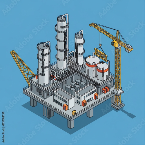 Isometric illustration of an offshore oil rig with cranes and industrial equipment.