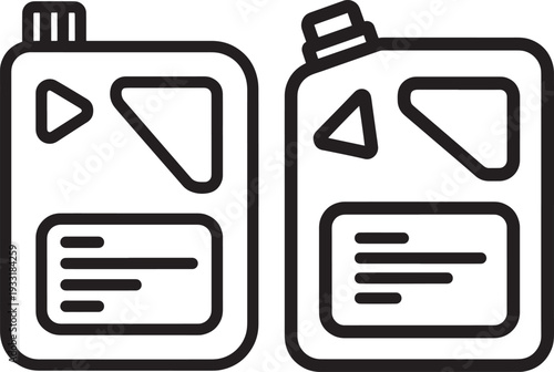 Two cleaning liquid bottles with labels and caps silhouette