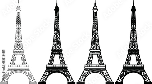 Stylized Eiffel Tower vector illustration collection with decorative patterns and shading variations from outline to silhouette, iconic Paris landmark artistic design