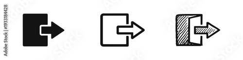 Exit sign icon set. Logout, sign out, or door symbol with right-pointing arrow in different styles.