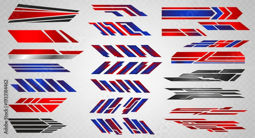 Collection of dynamic car decals with various shapes and color schemes for vehicle customization.