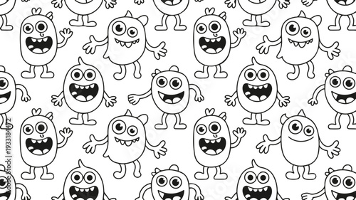 Seamless pattern of happy cartoon monsters in black and white Keywords: halloween, monsters