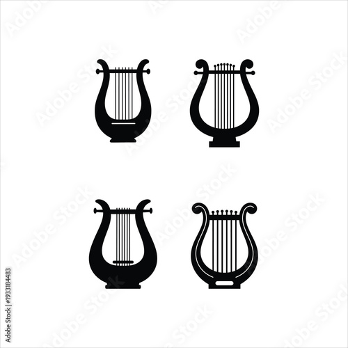 Set of four black harp lyre icons, classic string instrument symbols