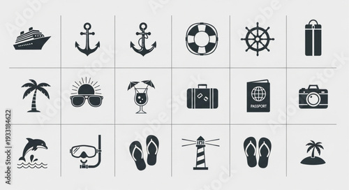 Collection of travel and vacation icons representing various elements of tourism and leisure activities.