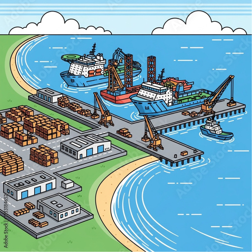 Industrial harbor with cargo ships and cranes loading containers.