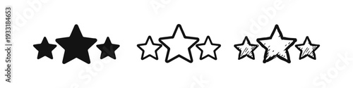 Three star rating icon set. Customer review, feedback, and quality assessment symbols.