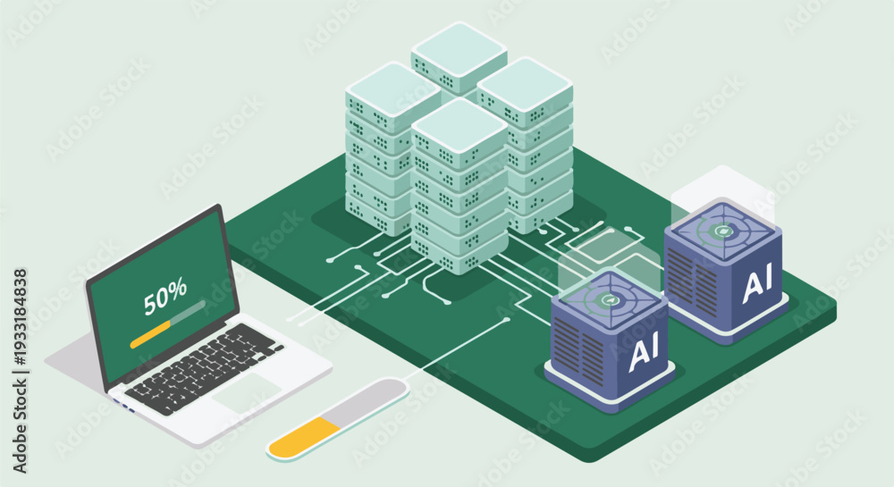 Fototapeta premium Isometric AI servers, data center, and laptop with progress bar concept