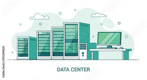 Data center concept illustration with server racks and computer workstation