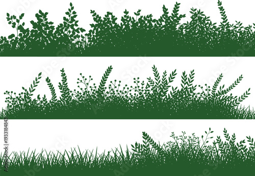 Three distinct rows of dark green grass and varied plant foliage silhouettes create natural borders