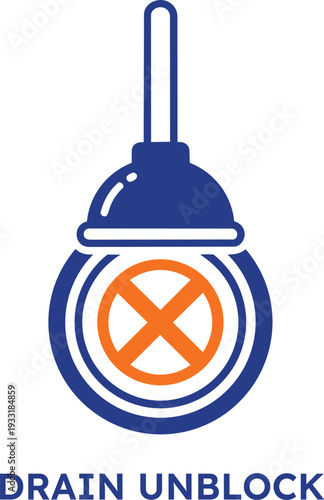 Drain unblock icon with orange x on transparent background for plumbing issues