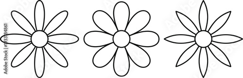 Stylized flower vector illustration collection with circular centers and varying petal counts, simple decorative floral design for art, pattern