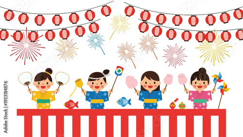 Group of Japanese children in traditional yukata at a summer festival stall decorated with colorful lanterns and fireworks.