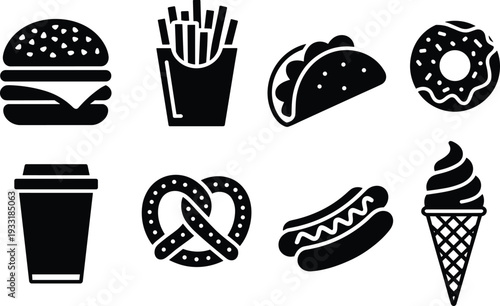 hamburger, fries, taco, donut, coffee, pretzel, hotdog, icecream, fastfood, snack, junkfood, silhouette, icon, meal, dessert, fast food, junk food, street food, ice cream, hot dog, french fries, coffe