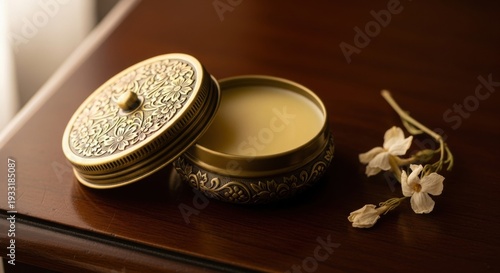 Solid Perfume Tins, A small, embossed brass tin open to show a smooth, waxy perfume balm, focusing on the concentrated luxury.