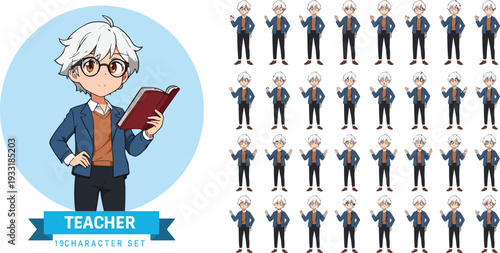 A cartoon teacher character with multiple identical duplicates in a playful educational setting