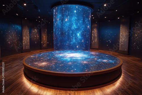 Large blue and white galaxy suspended in a circular room.
