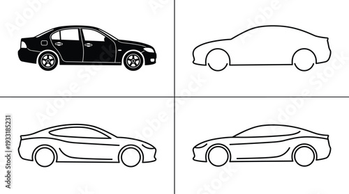 Vector illustration collection of four car profiles showing sedan silhouette, simplified outline, and stylized sports car designs with varying detail levels