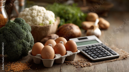 Healthy food budget planning with egg vegetable calculator broccoli cauliflower grain garlic fresh ingredient saving concept on rustic kitchen table for economical cooking and nutrition