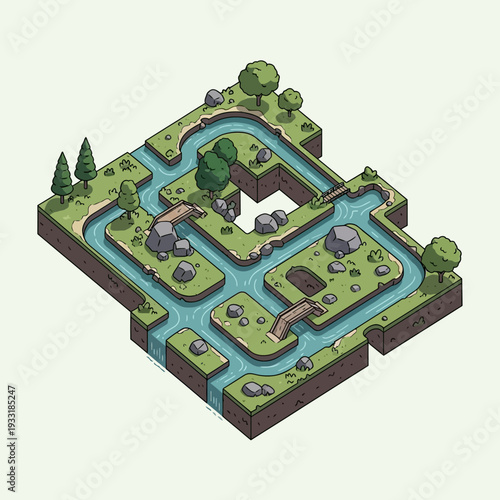 Isometric 3D illustration of a serene river landscape with lush greenery and rocky terrain.