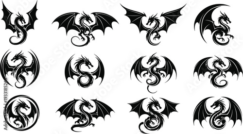 Set of twelve black dragon silhouettes in tribal style with varied wings, postures and circular frames for tattoo, logo and decorative vector design