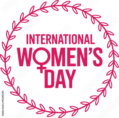 International women's day logo with laurel wreath and pink text on white background