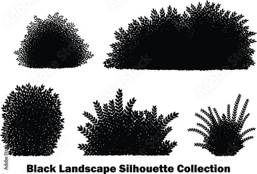 Collection of five distinct black shrub and bush silhouettes isolated on a clean white background