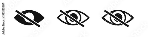 Invisible eye icon set: simple, outlined, and hand-drawn styles. Vector illustration of hide or unsee symbol with a slash.