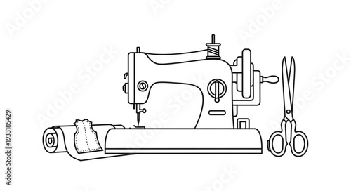 Sewing Machine with Fabric and Scissors.