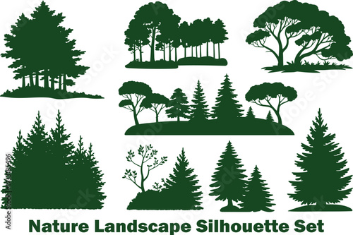 Various green tree silhouettes including pines and deciduous shapes arranged as a natural landscape set