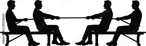 Flat vector silhouettes of people tug of war, teamwork, competition, balance, strength, conflict, human figures, modern minimal illustration