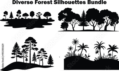 Collection of diverse forest and tree silhouettes showing various types of natural landscapes and scenes