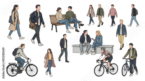 Urban People Character Illustration Set – Walking Sitting Cycling City Lifestyle Figures for Street Scene and Social Design