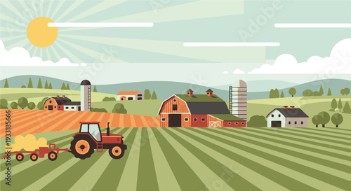 Rural farm landscape with tractor harvesting hay and barns under sunny sky