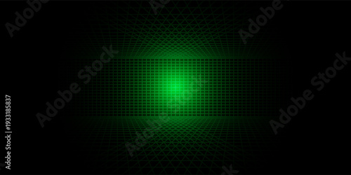 Futuristic perspective grid box. Abstract wireframe with white grid line on black background. Virtual reality landscape in 80s 90s digital style. Vector illustration.