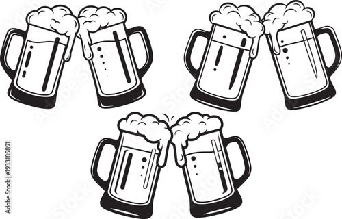 Five frothy beer mugs clinking together celebrating good times silhouette