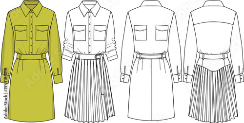 Women shirt dress with pleated skirt vector illustration, long sleeve belted midi dress front and back view fashion technical drawing set