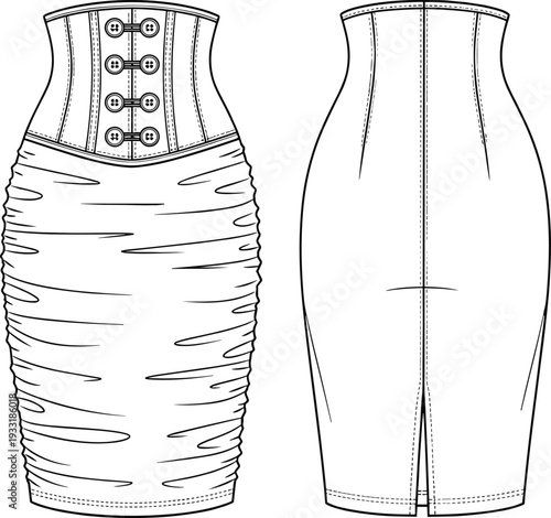Women ruched pencil skirt with corset waistband vector illustration, front and back view fashion technical drawing, bodycon high waist fitted midi skirt outline