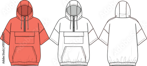 Women short sleeve hoodie vector template, front and back view oversized pullover with pocket, technical fashion flat sketch illustration set