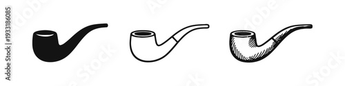 Classic smoking pipe icon set: simple, outlined, and hand-drawn styles. Vintage tobacco accessory symbol.