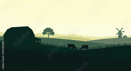 Minimalist Rural Landscape Silhouette with Farm, Cows, and Windmill