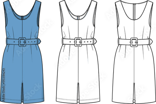 Women sleeveless belted midi dress vector illustration, front and back view, elegant fitted silhouette with buckle belt, fashion technical flat sketch template