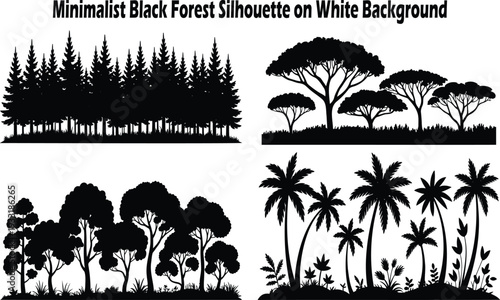 Four distinct groups of minimalist black forest silhouettes including pine, deciduous, and palm trees
