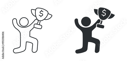 Business Winner Trophy Icon Set, Financial Achievement Line and Solid Vector Illustration