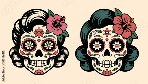 Day of the Dead Sugar Skull with Floral Hair Vintage Tattoo Style Illustration