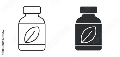 Herbal Supplement Bottle Icon Set, Natural Medicine Line and Solid Vector Illustration