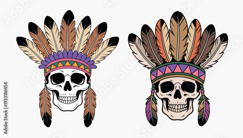 Decorative Tribal Skeleton Head with Patterned Headband Digital Illustration