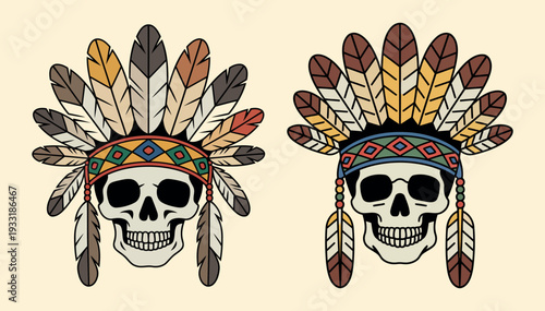 Decorative Tribal Skull Emblem with Patterned Headband Vintage Vector Graphic