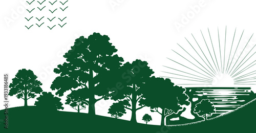 Serene green landscape featuring a silhouette of trees, hills, water, a rising sun, and birds flying