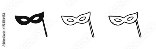 Venetian Masquerade Mask Icon Set - Carnival Party Eye Mask with Stick in Multiple Styles