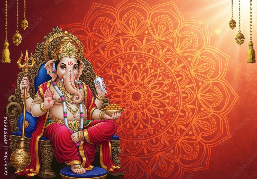 Fototapeta premium Lord Ganesha seated on throne holding modak and trident ornate mandala background